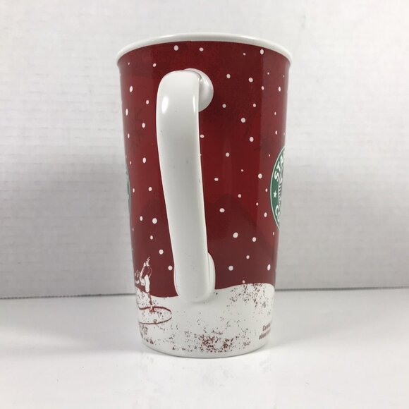 Starbucks Coffee Holiday 2007 16oz Coffee Tall Mug Christmas Snowflakes Snow Red - Picture 2 of 7